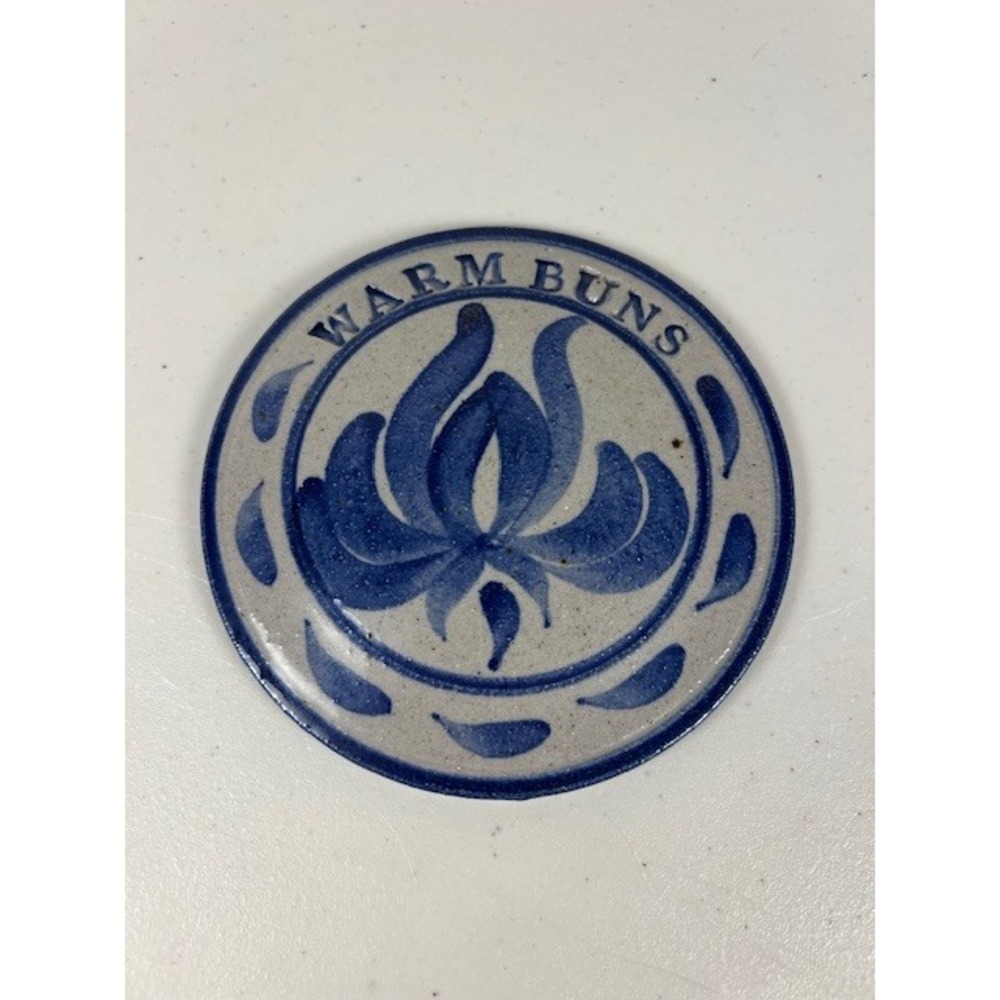 Vintage Signed Salt Glaze Stoneware Warm Buns Bread Warmer Cobalt Blue 5.25"